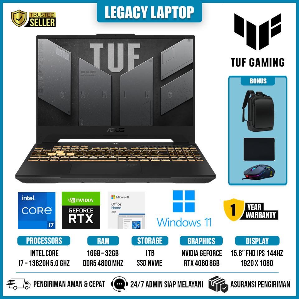 Laptop Asus Tuf Gaming F15 Intel I7 13620H Ram 32GB 1TB SSD RTX 4060 15.6 Inch FHD IPS 144Hz Win 11