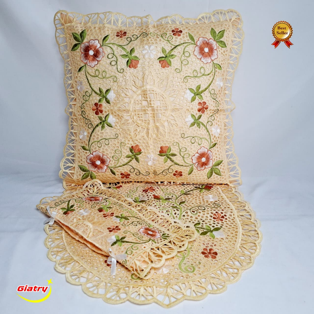 Set sarung bantal kursi bordir edisi krem/ caver bantak sofa/ taplak meja tamu/ meja makan/sarung ba