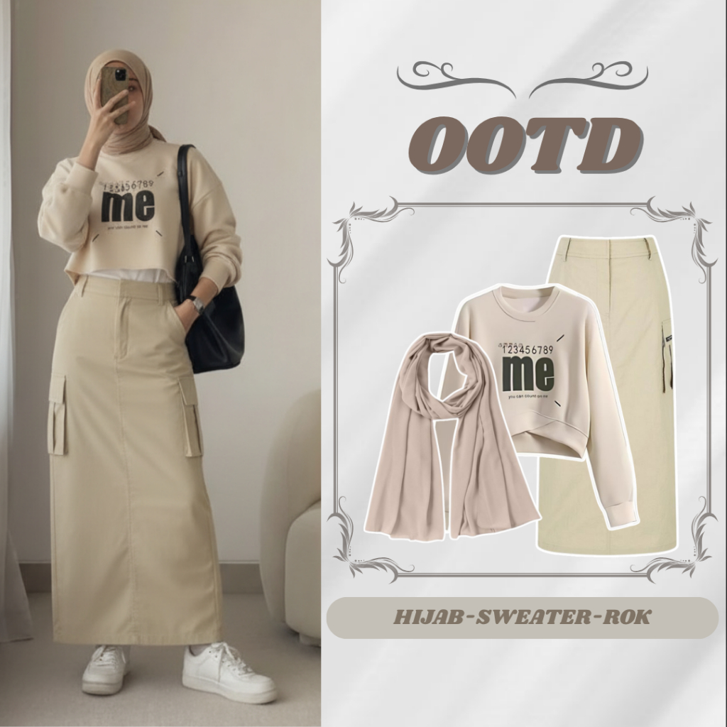 One Set Rok Hijab OOTD (SWEATER-ROK-HIJAB),One Set Wanita Remaja Kekinian MSB23