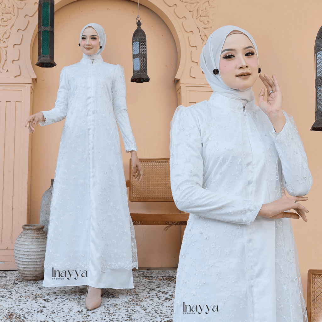 Virelyn Gamis Brokat Putih Busui Friendly Dress Satin Pesta Kondangan Mewah Terbaru - Gamis Lebaran 