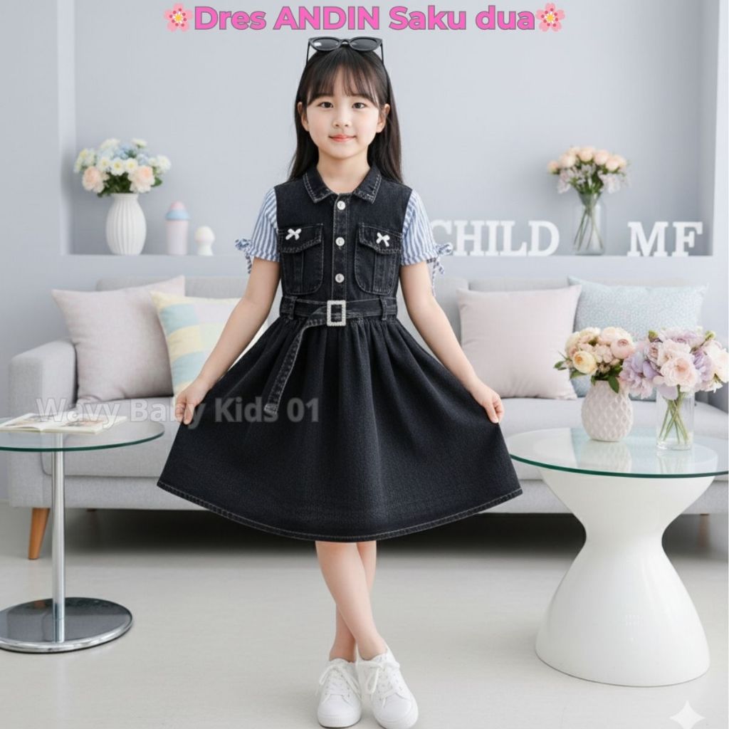 Dress Jeans ANDIN Anak Model Korean Style Matt Jeans Snow Mix Katun Salur Usia 3-10 Tahun Free Tas B