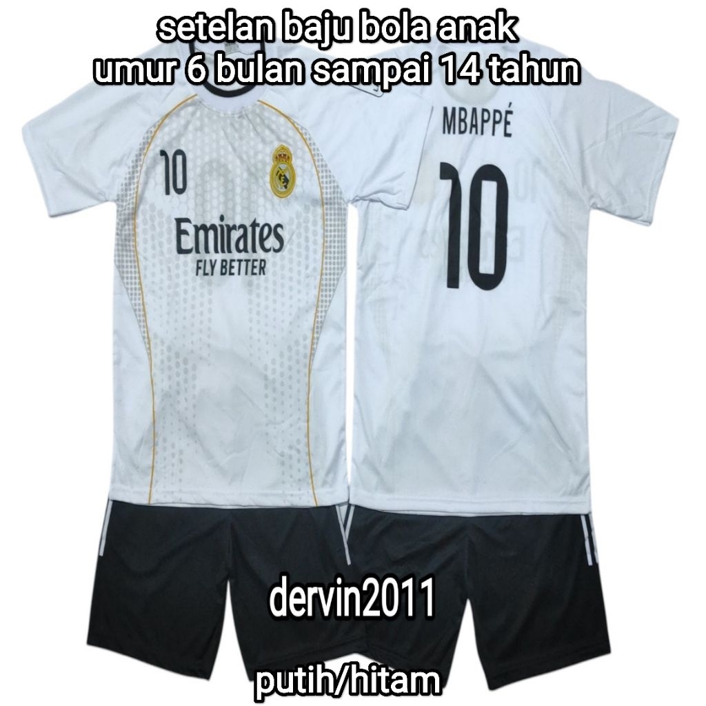 setelan baju bola anak madrit putih/jersey baju bola anak/ setelan baju bola harian