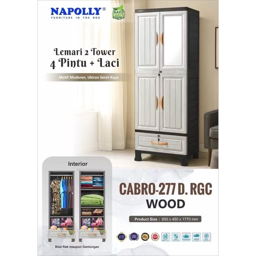 CARGO - LEMARI PLASTIK NAPOLLY ROTAN DENGAN CERMIN DAN LACI/NAPOLLY CRS 5G5