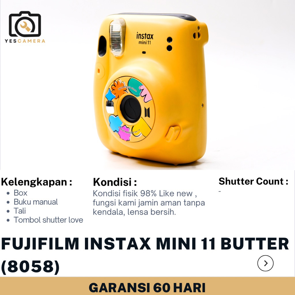 Fujifilm Instax Mini 11 BTS Butter Version (Bekas) - Lensa 60mm/12.7, Mode Swafoto, Eksposur Otomati