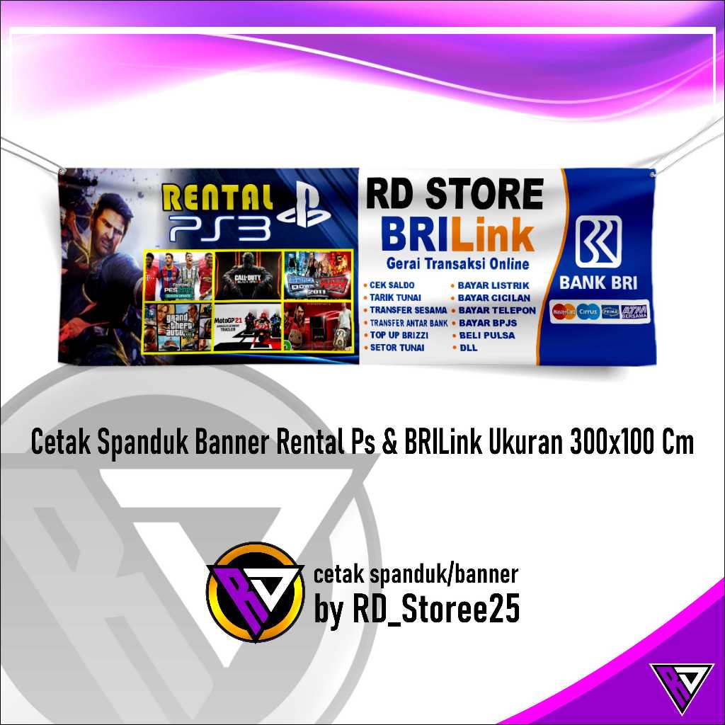 Cetak Spanduk Banner Rental Ps & BRILink Ukuran 300x100 Cm