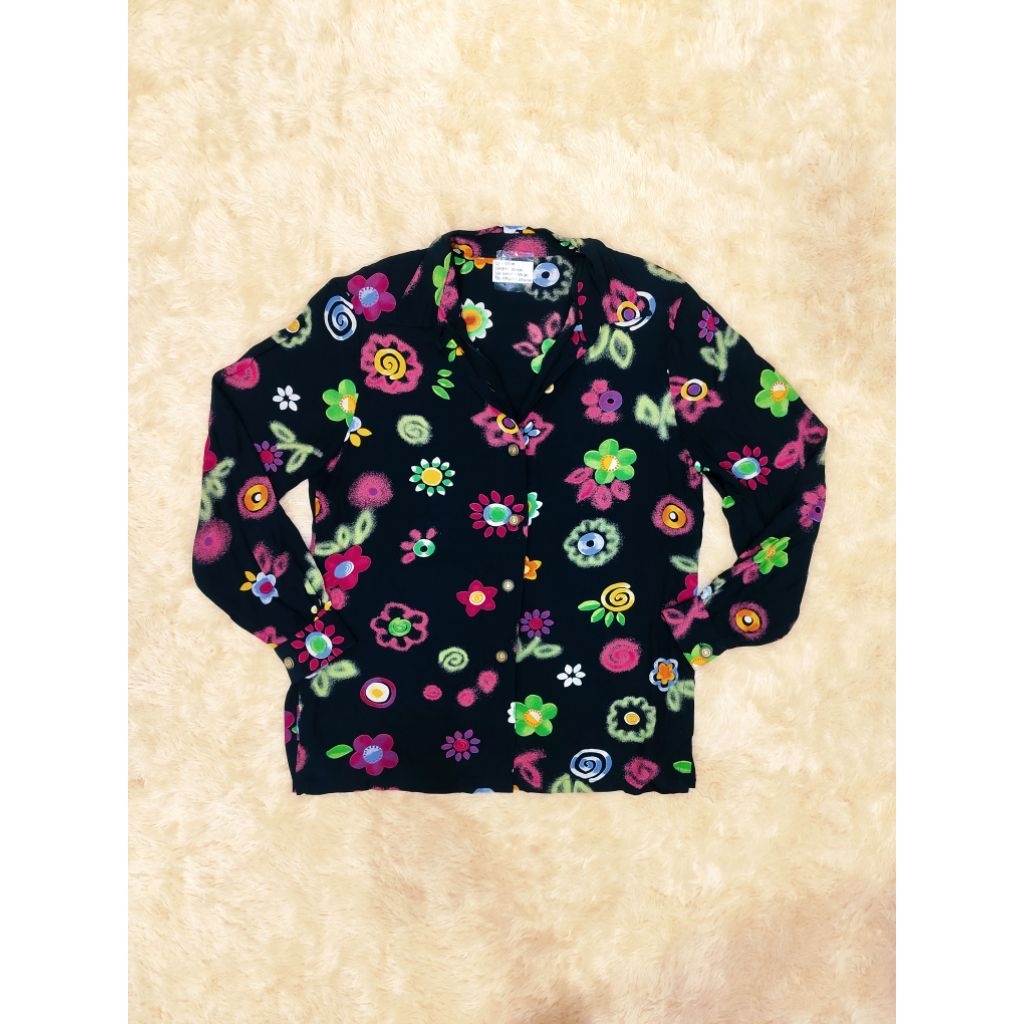 (Tailor Made) Women Cotton Black Colorful Flower Long Puff Sleeve Blouse/ Shirt/ Blus Kemeja Vintage