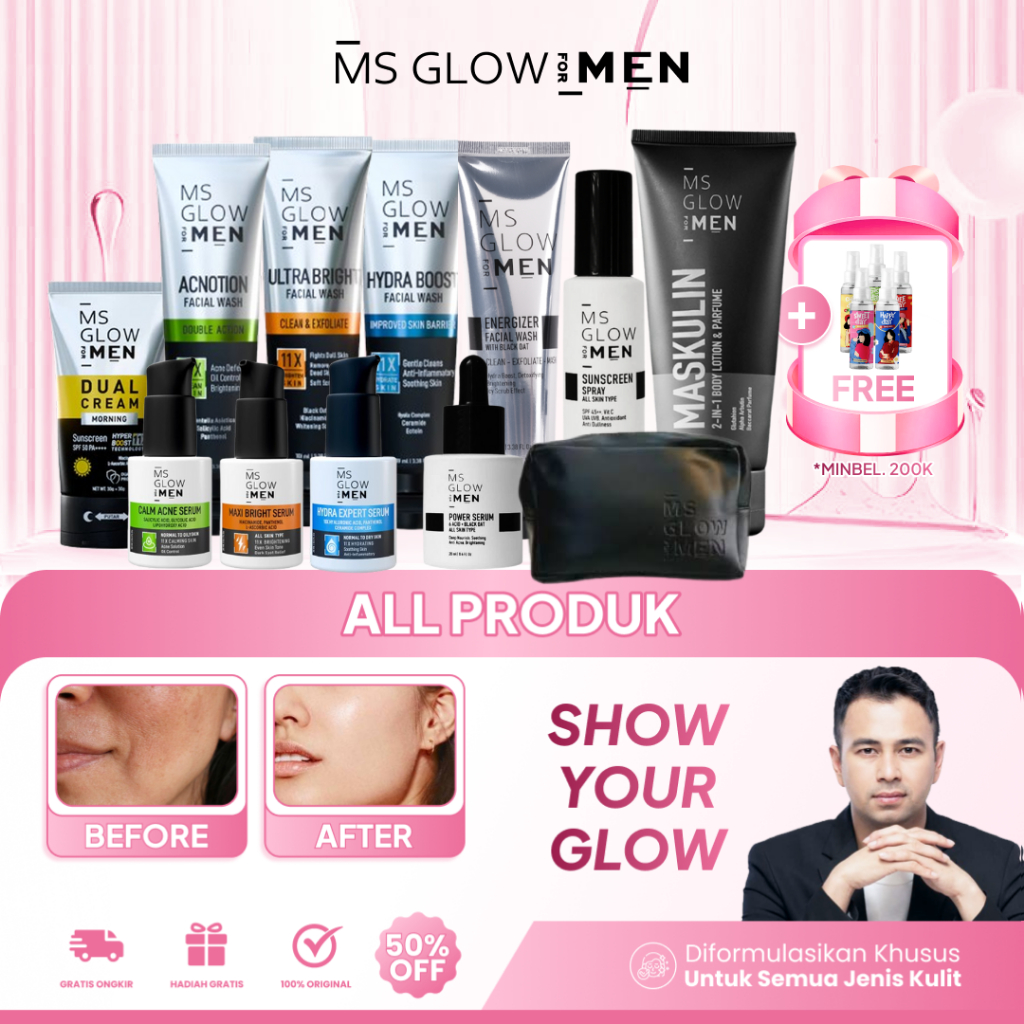 MS GLOW FOR MEN PAKET SKINCARE COWOK DAN ALL PRODUK ECER MENCERAHKAN JERAWAT MINYAK BERLEBIH DISKON