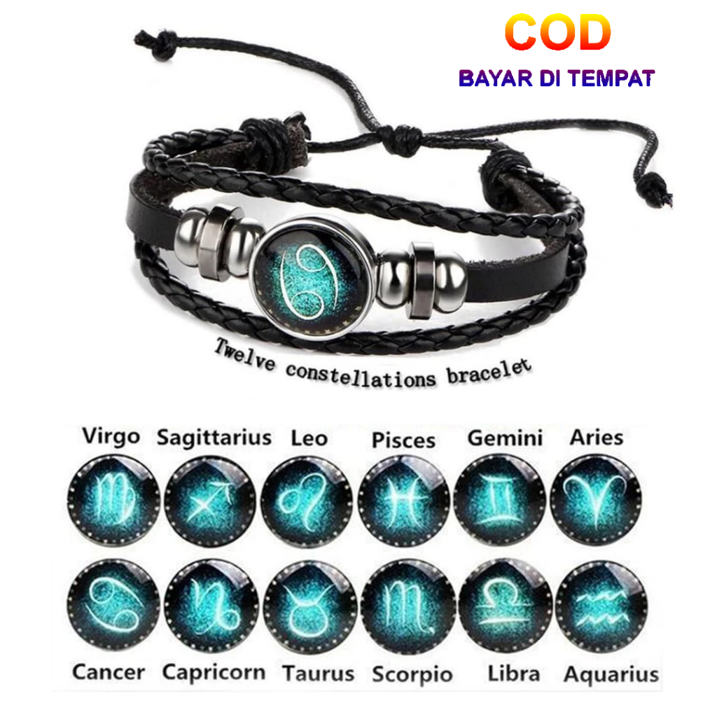 COD Gelang Zodiak Glow In The Dark Tali Hitam Polos Aksesoris Fashion Korean Style Pria Wanita