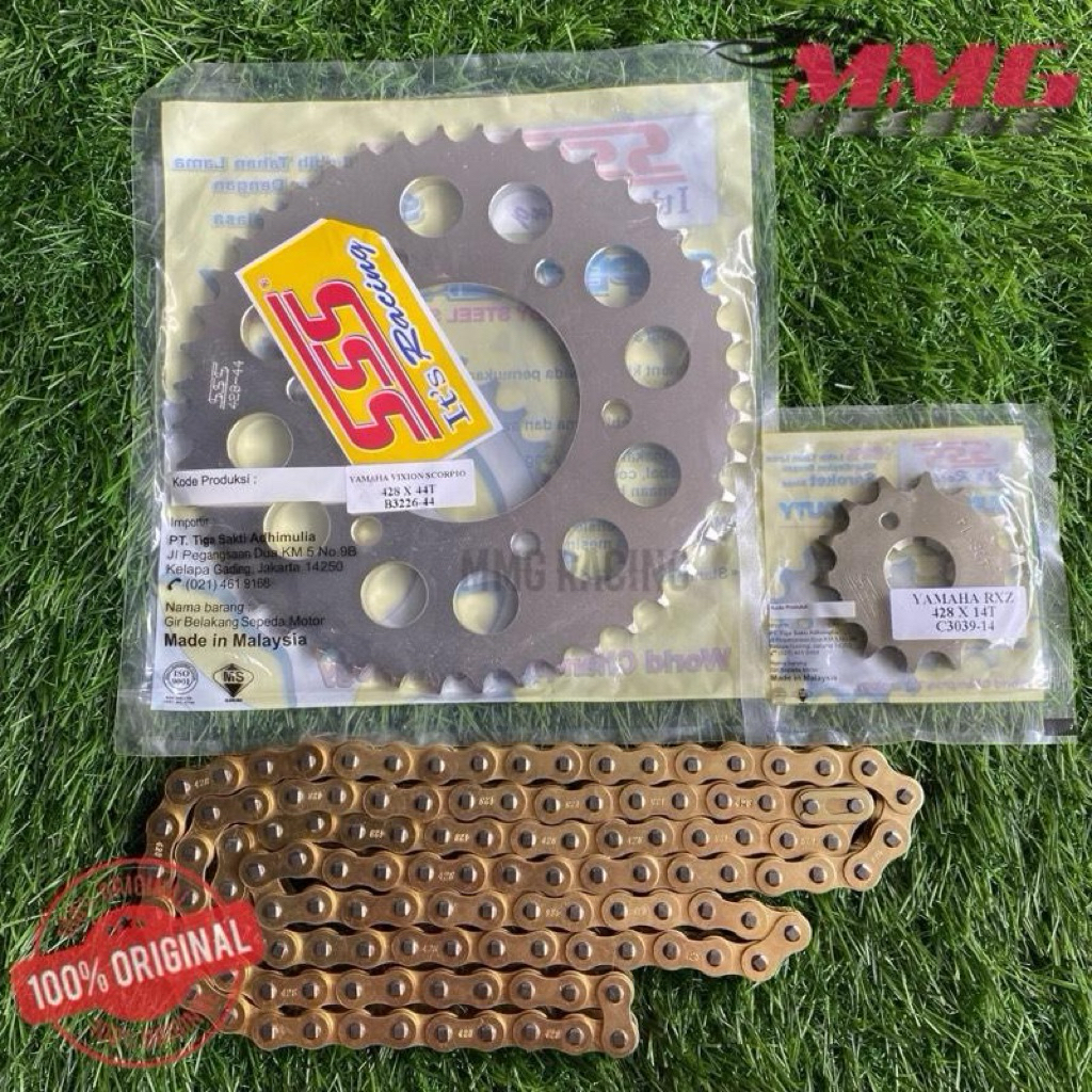 Original Gear SSS 428 + Rantai Gold Polos untuk motor Vixion Lama, Vixion Baru, MxKing150, Byson, Xa