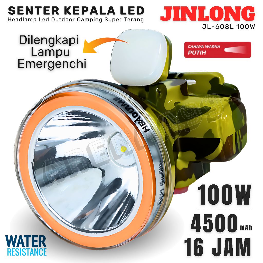 Senter Kepala 100W Jinlong JL-608L | Headlamp LED Camping Super Terang JIN LONG - Baterai Lithium - 
