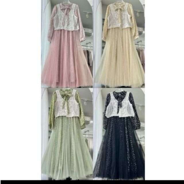 Dress Vivorie Tutu Mix Rajut Vest Warna Cream