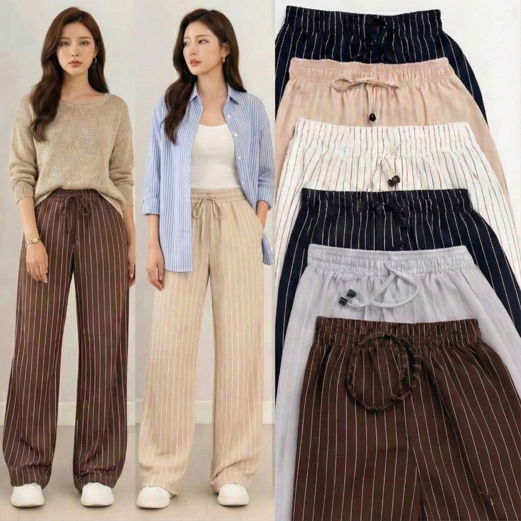 Kulot Everyday Pants Celana Panjang Wanita Baggy Kantor Motif Garis Prinstripe Bangkok
