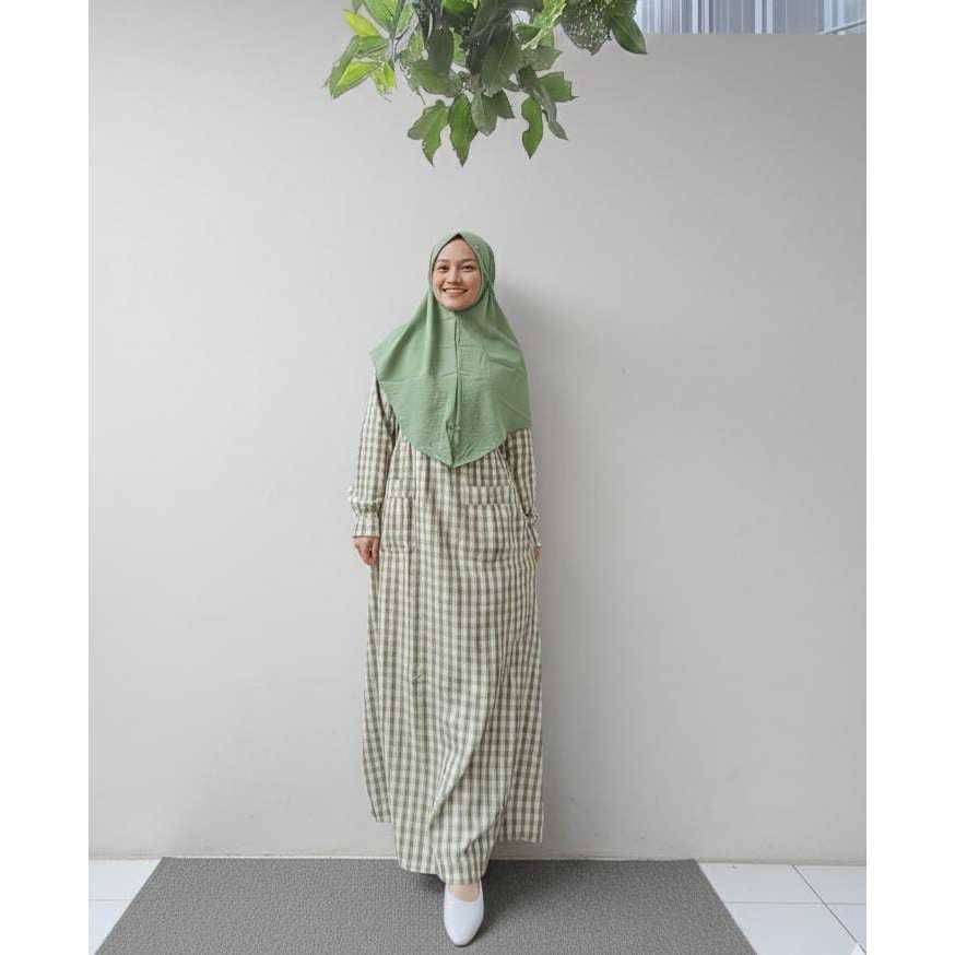 Gamis set hijab kotak-kotak kautn haruka/momy set hijab daily/gamis home dress katun haruka