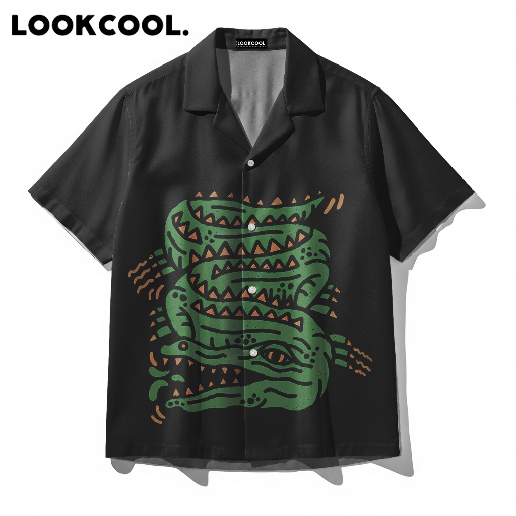 LOOKCOOL Kemeja Pria Motif Buaya Kartun Hijau Baju Casual Pendek Premium