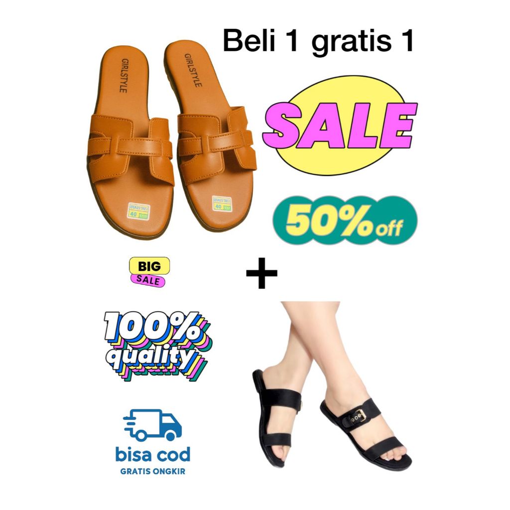 PROMO Beli 1 Gratis 1 Sandal Wanita Fladeo / Sandal Slop Jepit Wanita Viral Kekinian Girlstyle Hitam