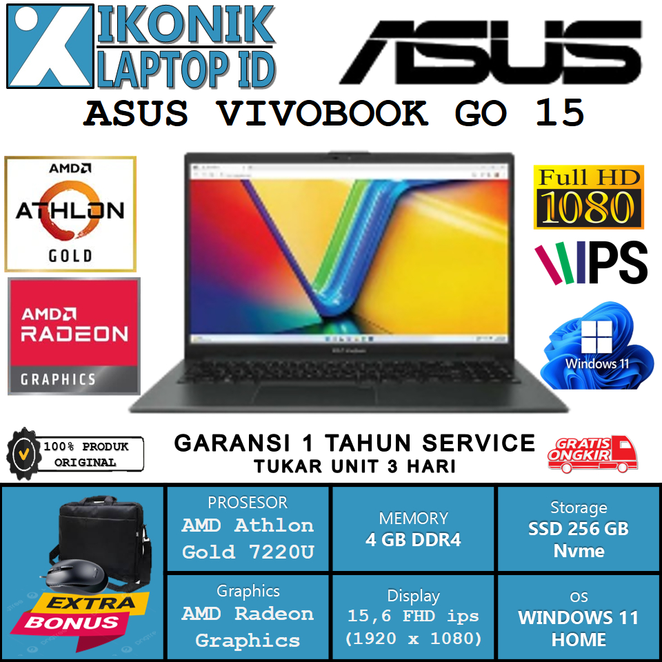 Laptop Tipis Ringan ASUS VIVOBOOK GO 15 E1504FA AMD ATHLON GOLD 7220U 4GB DDR5 256GB 15.6 FHD IPS