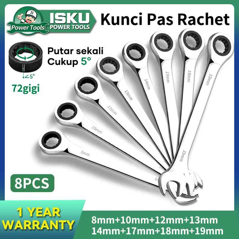 ISKU Chrome Vanadium Gagang Ring Ratchet Wrench Kunci Ring Pas Set 8pcs 8-19mm/4pcs Set 8-14mm Kunci