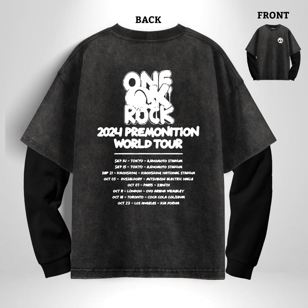 MACDEER Kaos Oversize Lengan Panjang Washed Double Layer Tshirt Band One Ok Rock Logo C17