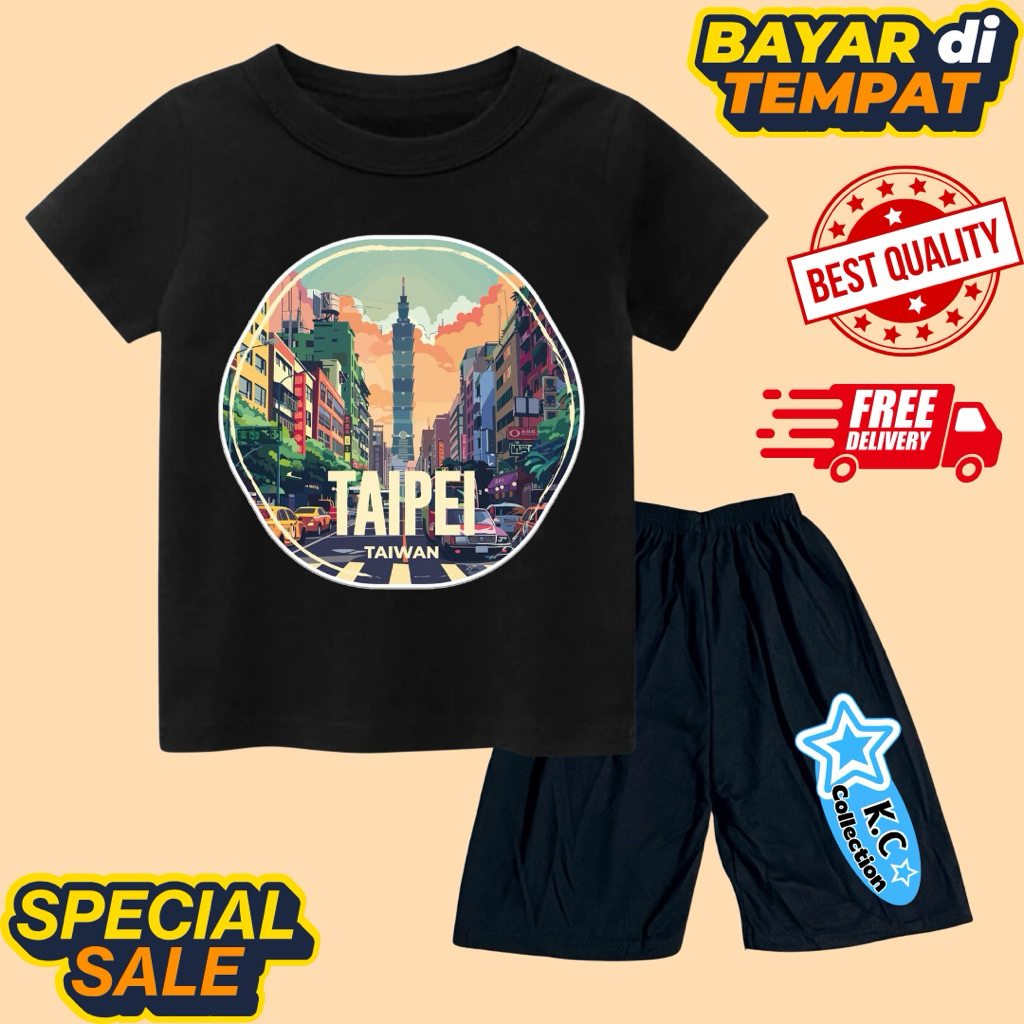 setelan kaos anak unisex dapat celana motif kaos oleh oleh souvenir khas taipei taiwan