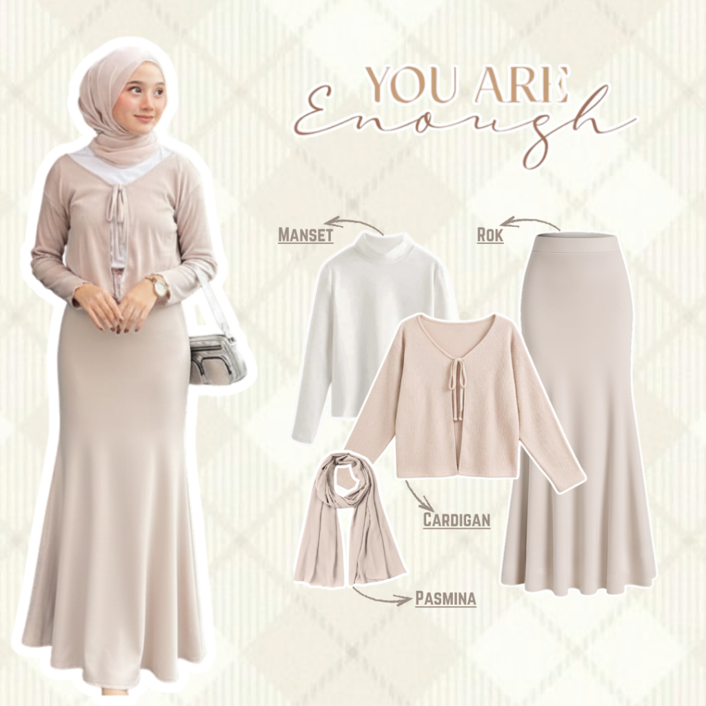 One Set Hijab Aesthetic / Cardigan Marsya + Rok Duyung Ivory + Manset Putih + Pashmina Baby Doll / C