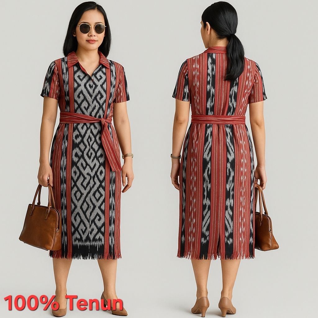 Dress Tenun Wanita Etnik Jepara Motif Toraja NTT - Gaun Adat Modern Elegan