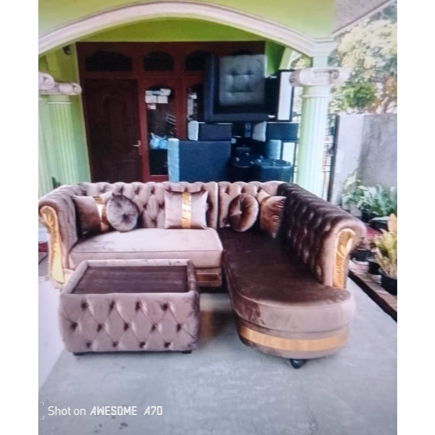 sofa sudut sofa l kancing type santai bahan beludru