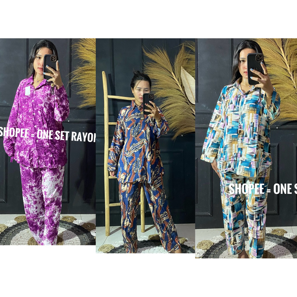 [BISA COD] Setelan Tiedye  lengan panjang/One Set tie dye grey lengan panjang full kancing/set polka