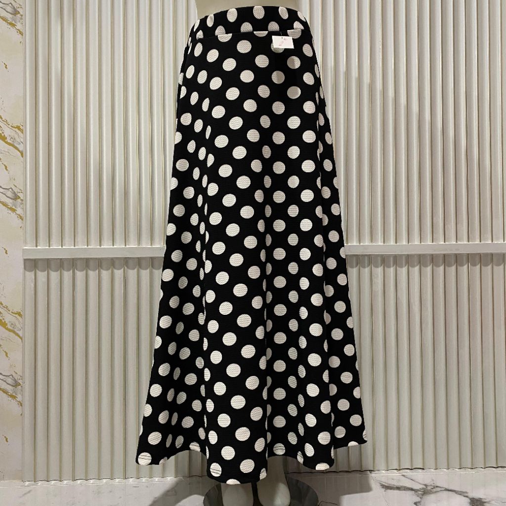 Rok Panjang Wanita Motif Polkadot Bahan Wafel Pinggang Full Karet
