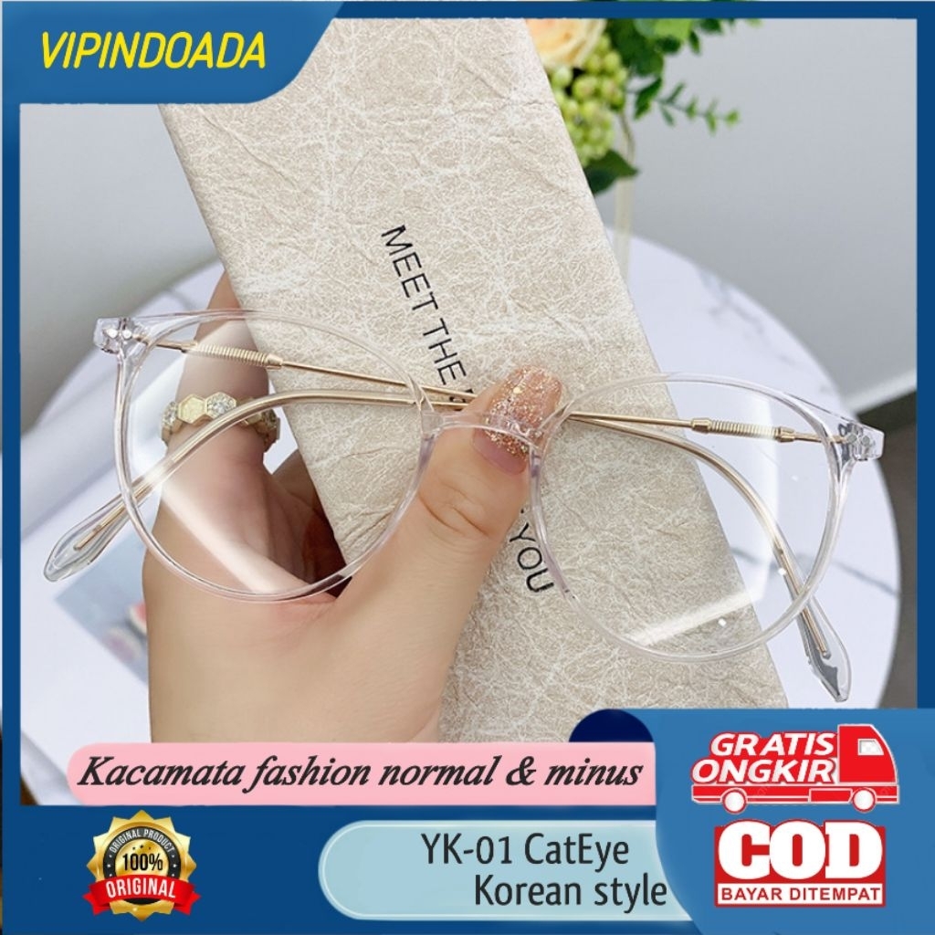 (YK-01) Kacamata Minus Wanita Model Korea Cat Eye – Frame Logam Ringan (0.5 / 1 / 1.5 / 2 / Normal)