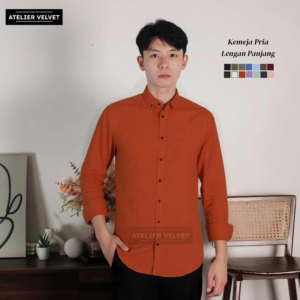 Kemeja Polos Pria Lengan Panjang Warna Teracota Katun Adem