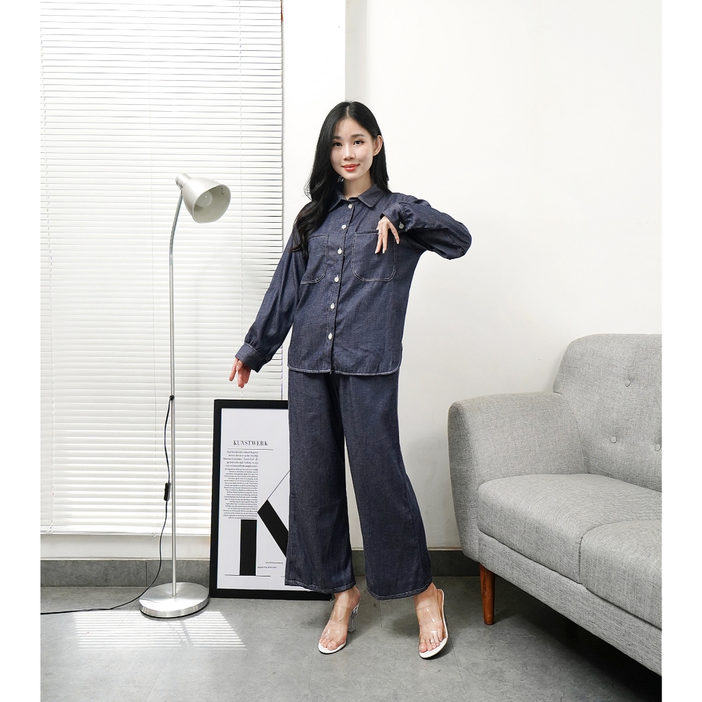 Nayluver Set / Setelan Jeans wanita kemeja saku / Kemeja OOTD Kekinian