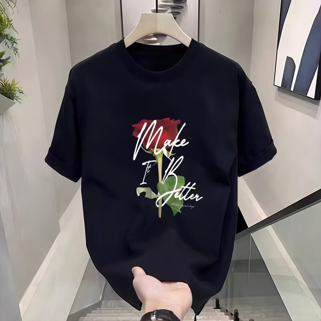 COD Kaos Mawar & Huruf Unisex Stok Viral - Cetakan Mawar Merah + "Make It Better" di Dada - 2 Warna 