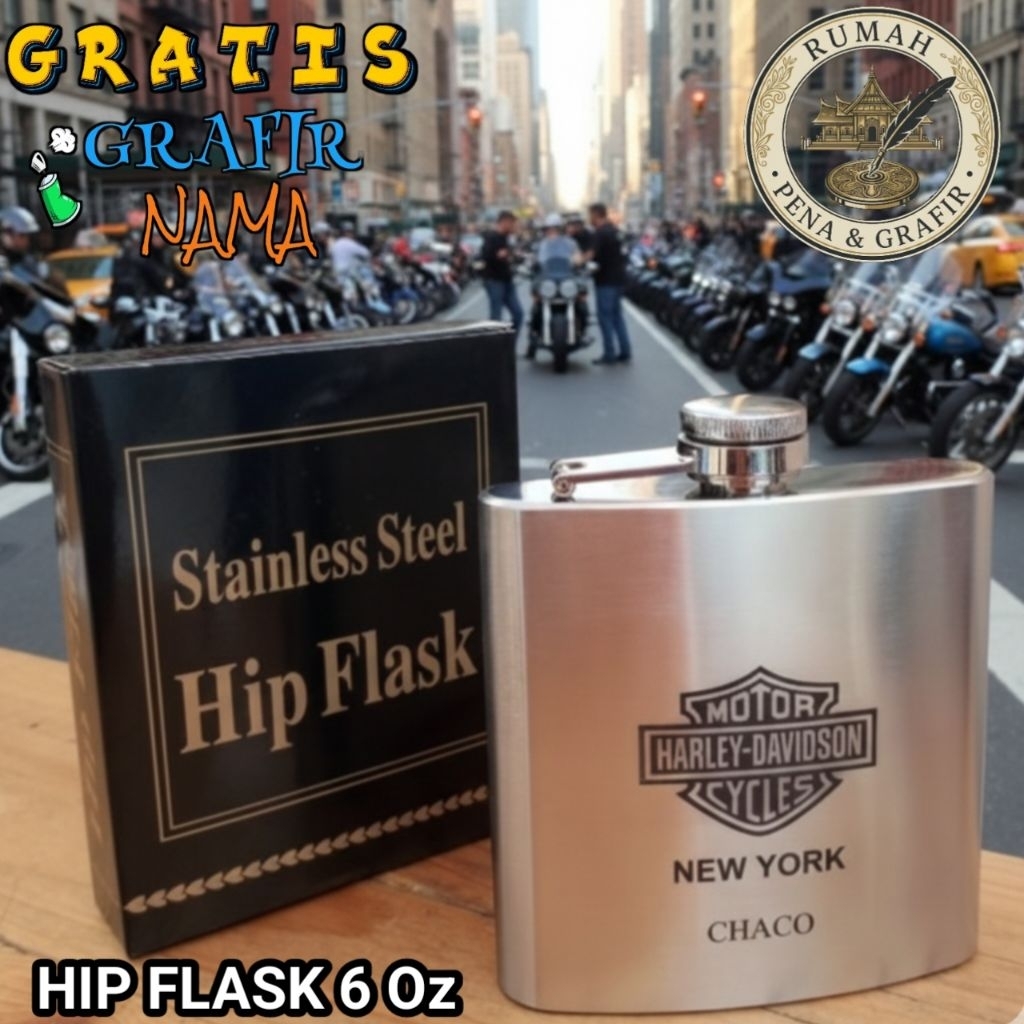 Hip Flask Botol Minum Stainless Harley Davidson New York Ukuran 6Oz Gratis Grafir Nama