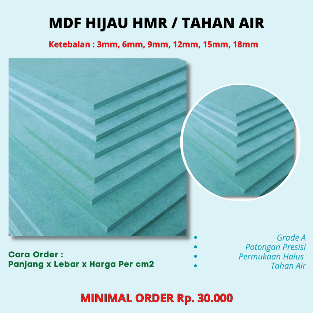 HMR MDF Hijau 3mm – 18mm Potongan Custom Ukuran | Lembaran Kayu MDF Board Tahan Lembab Air