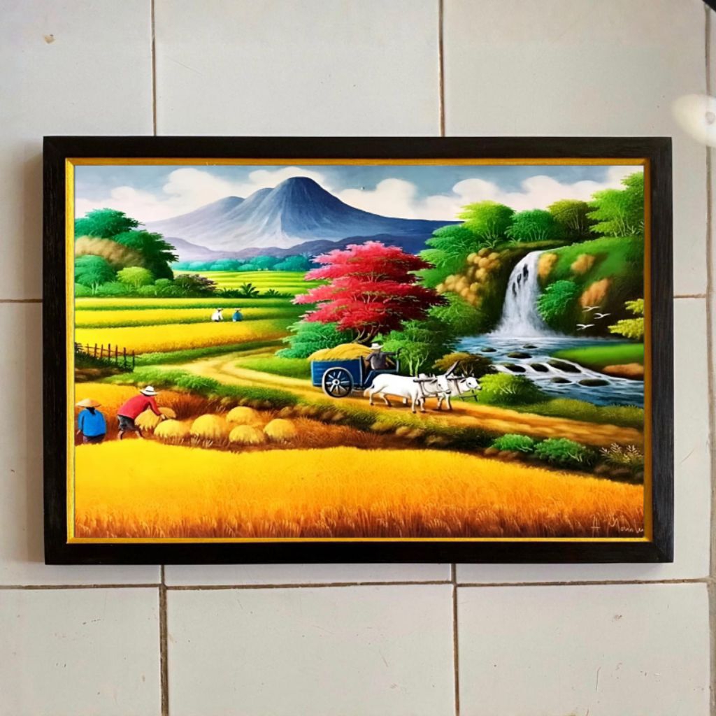 hiasan dinding lukisan cetak plus bingkai ukuran 65×45cm pemandangan alam 3D