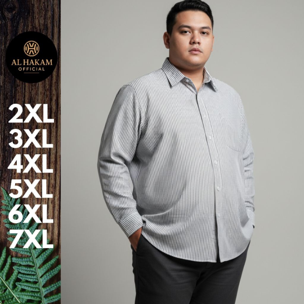 BIGBRAND Baju Kemeja Salur Pria Jumbo Motif Stripe Garis garis Lengan Panjang BigSize