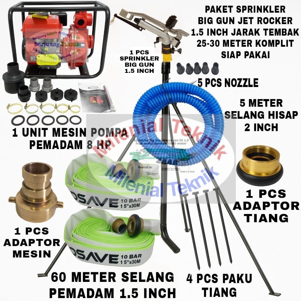 Paket Sprinkler Big Gun 1.5 Inch SIME LUMO Jarak Tembak 25-30 Meter + 60 meter selang pemadam + adap