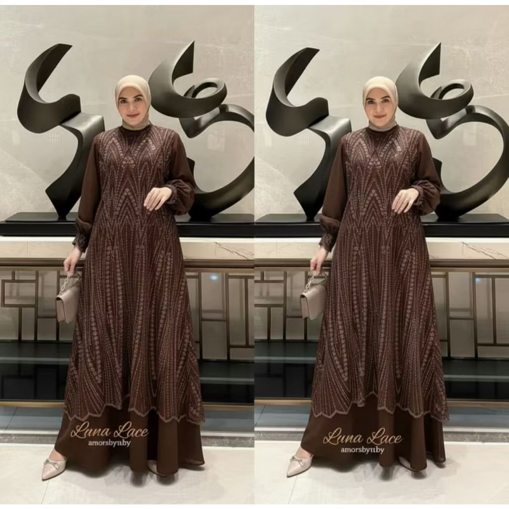 Gamis Brukat Luna Bahan Silk Roberto Premium Baju Kondangan Mewah Wanita Kekinian Warna Mahogany OTD