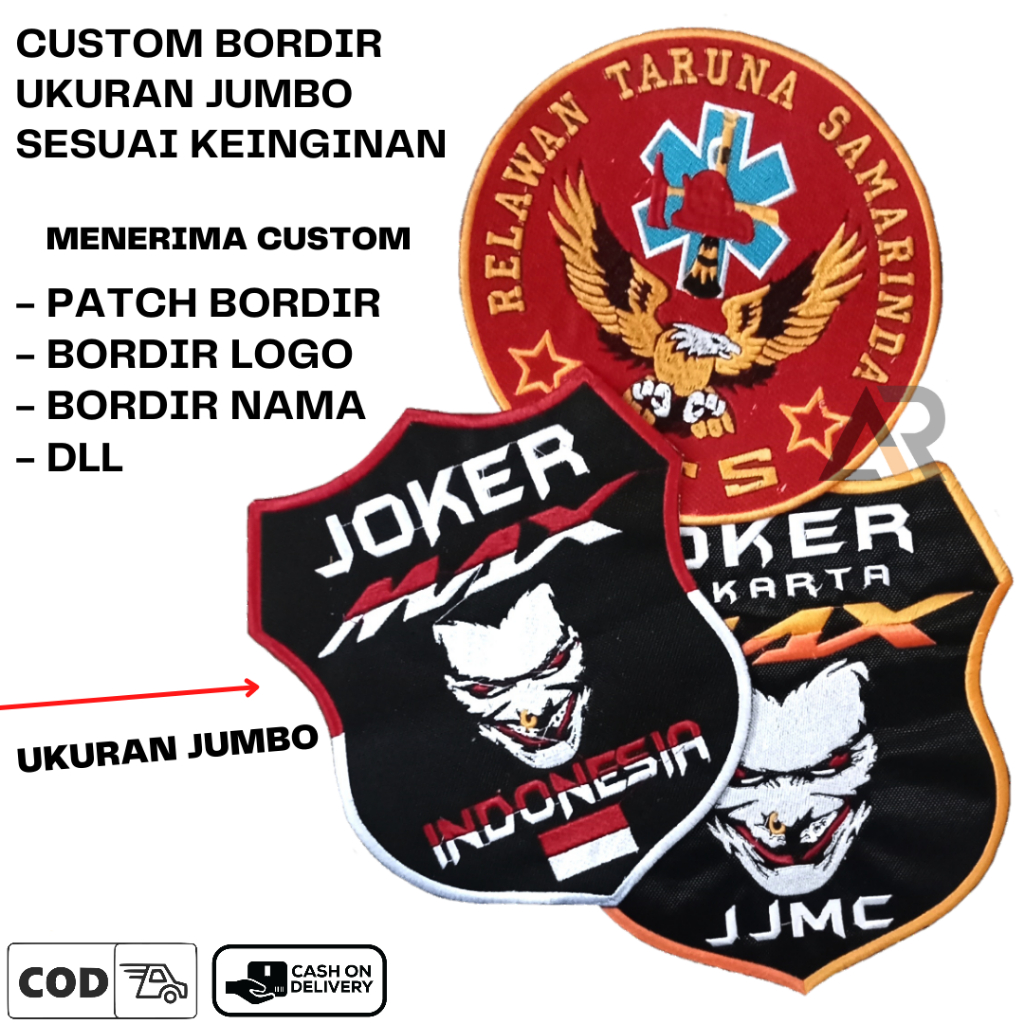 CUSTOM LOGO BORDIR UKURAN BESAR/JUMBO - CUSTOM BORDIR LOGO/PATCH/BET/NAMA/EMBLEM/TULISAN DLL lengkap