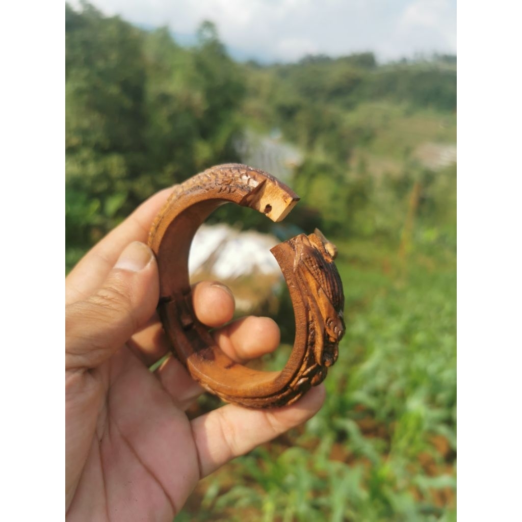 gelang kayu kaboa asli sancang garut motip macan dan naga