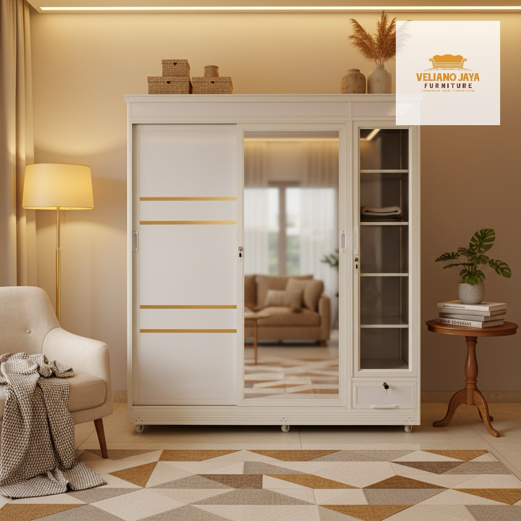 Lemari 2 Pintu Sleding + Tempat Tas + 2 Laci // Bahan Alumunium Kaca & Acp