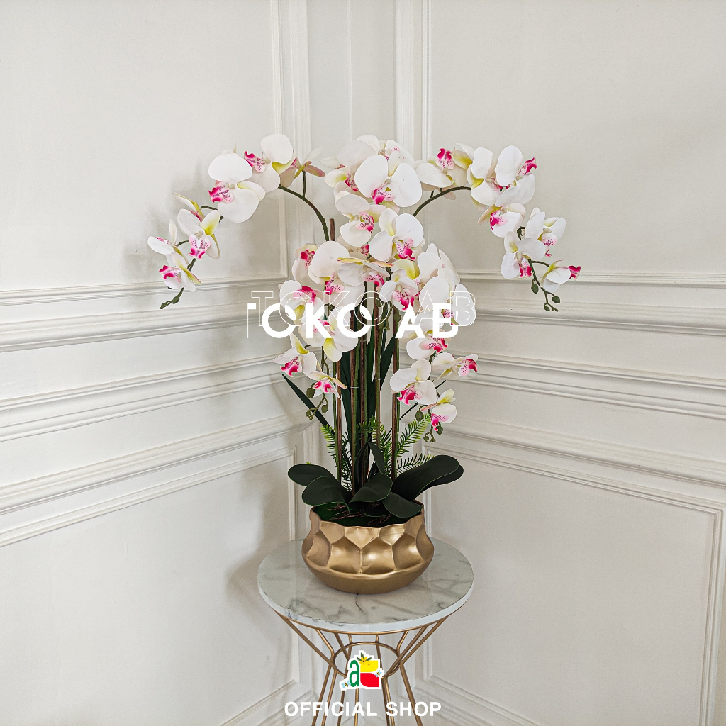 1 SET RANGKAIAN BUNGA ANGGREK LATEX JUMBO POT GOLD BESI PREMIUM RB6104 RANGKAIAN BUNGA BESAR / JUMBO