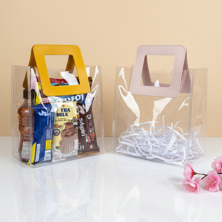 Tas Mika Jelly Tebal Transparan Handle Kulit Souvenir Pernikahan Custom Sablon Logo/Nama Tempat Kosm