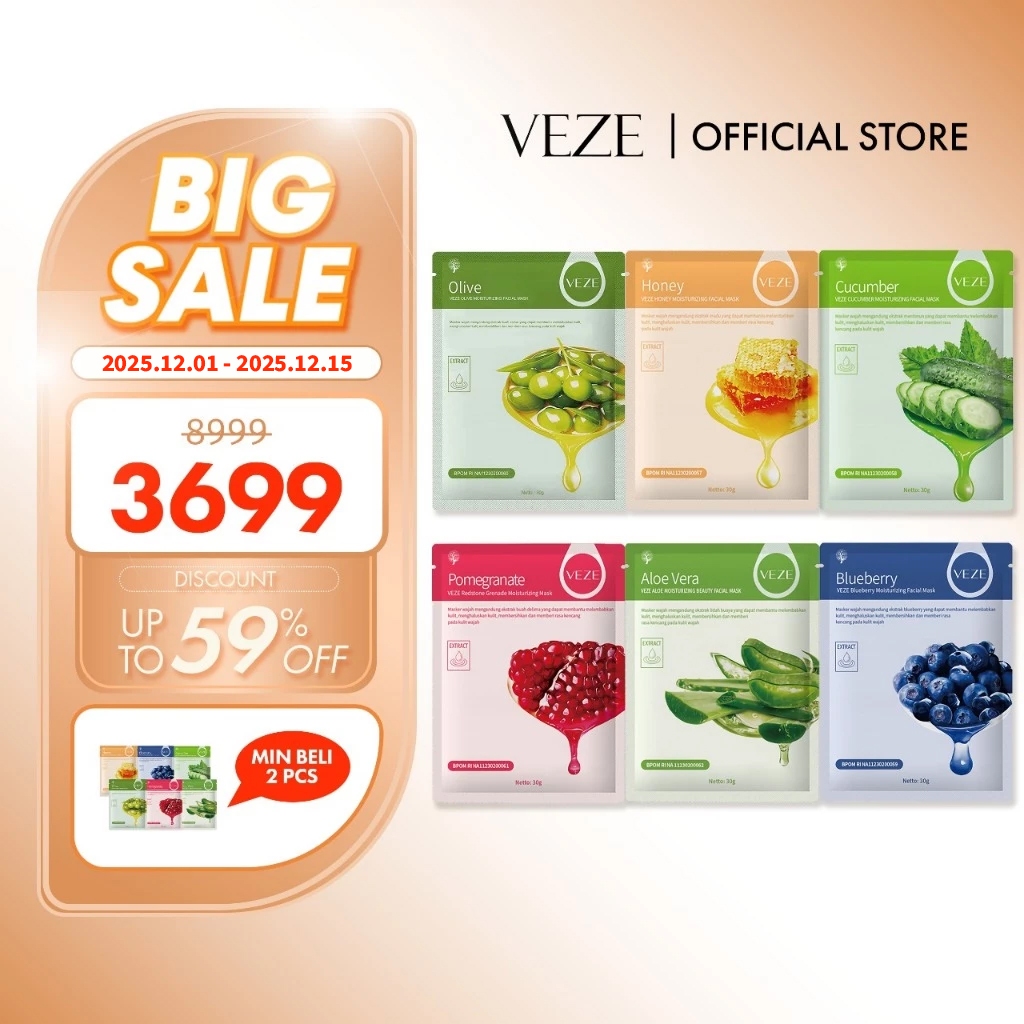 [BPOM] -  VEZE Sheet Mask Korea Masker Wajah Blueberry Aloe Vera Pomegranate Honey Cucumber Olive Tr