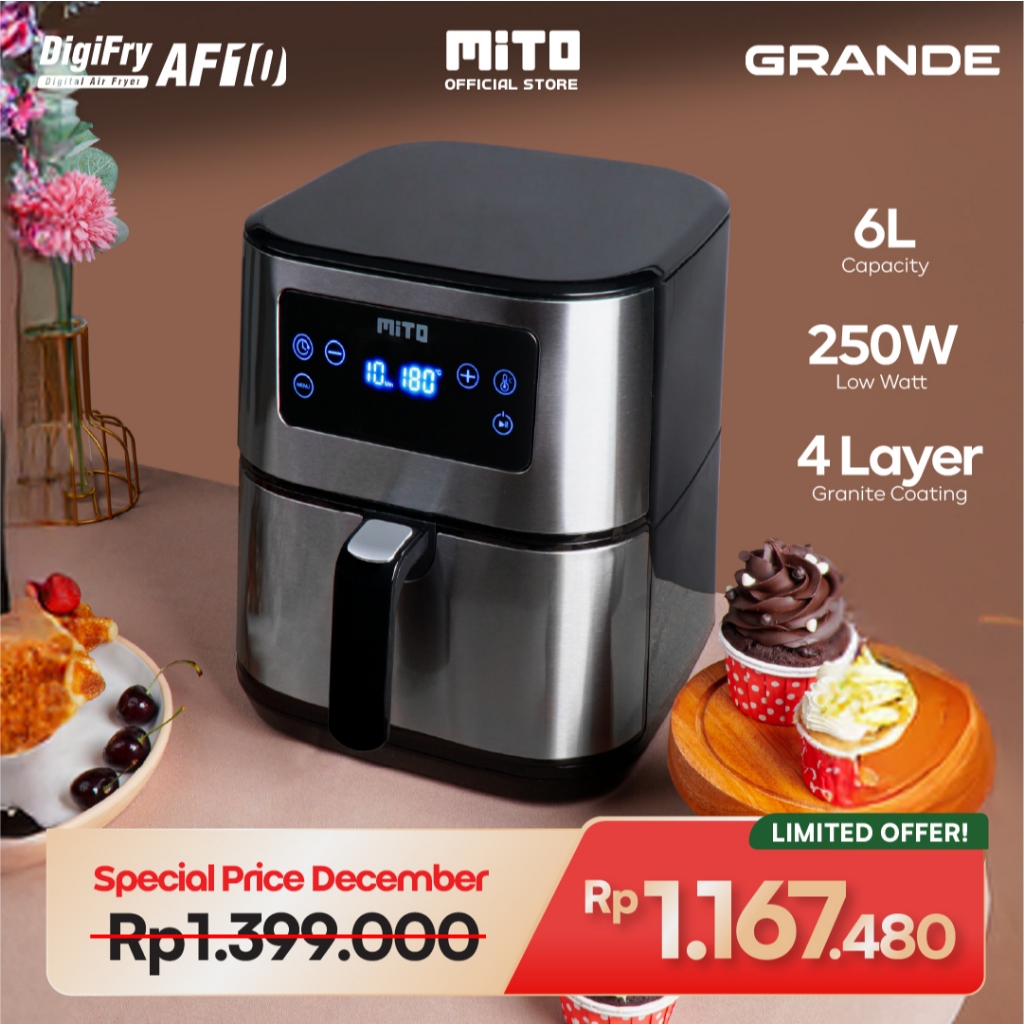 MITO Grande Air Fryer DigiFry AF10 Touch Screen Low Watt Mesin Penggoreng Tanpa Minyak 6L - Silver B