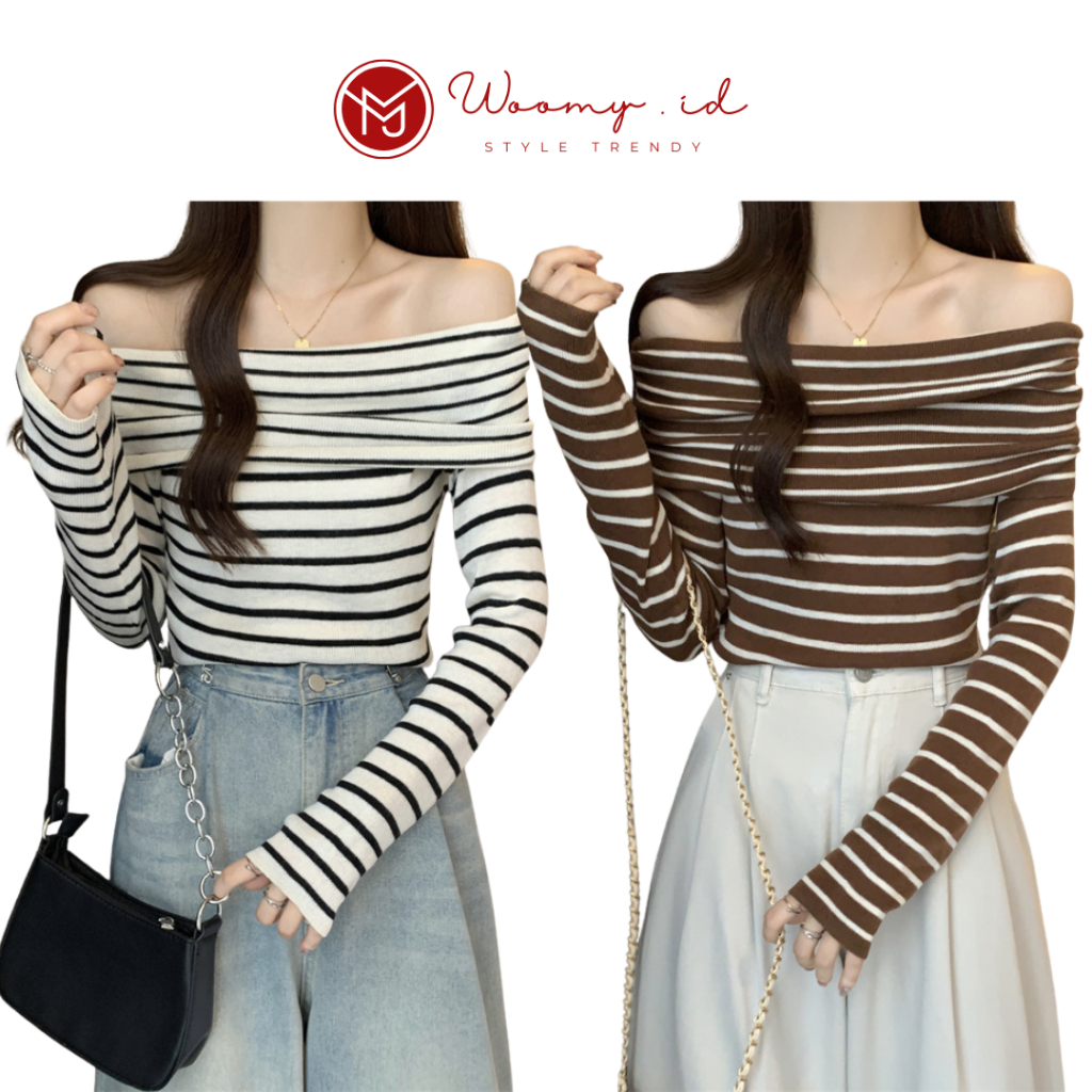Woomy - BJ532 Baju Off Shoulder Atasan Sabrina Motif Garis-Garis Lengan Panjang Long Sleeve Knit