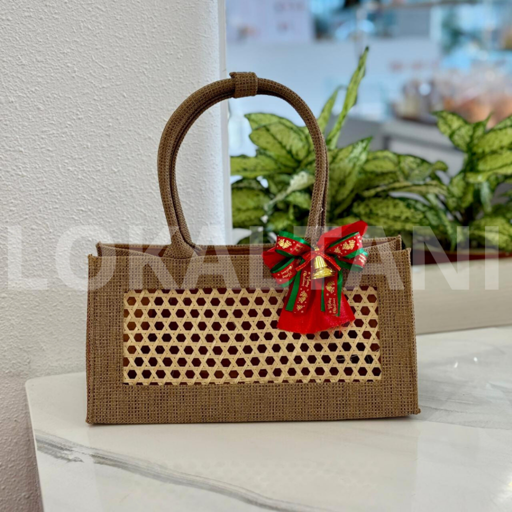 Tas Goni Hampers Kue Kering / Tas Mix Anyaman Bambu Handle Kain / Tas Hampers Imlek CNY