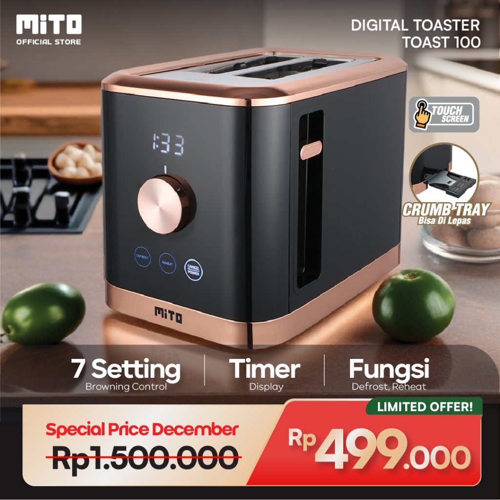 MITO Toast100 - Digital Toaster (DIGITOAST)-Touchscreen-Timer Display-7 Setting Browning Control-Reh
