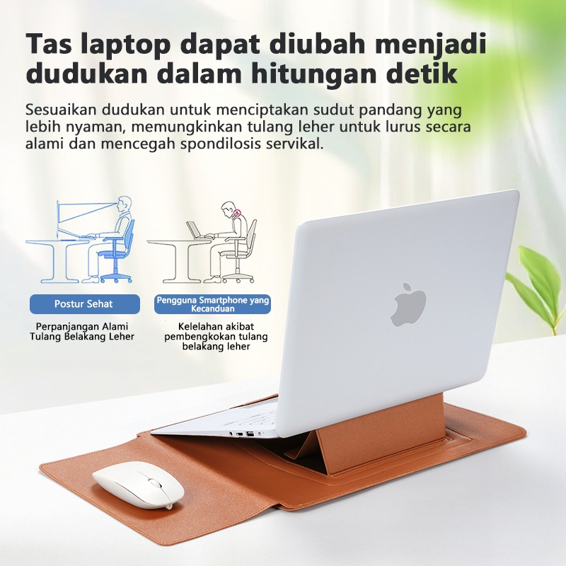 Tas Laptop Multifungsi 3in1 13–14 Inch | Sleeve Kulit PU Premium + Stand Laptop Adjustable + Anti Ai
