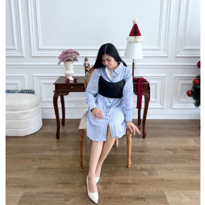 C5X Jeans Alex shirt dress | Dress Kemaja dan outer salur dan kotak wanita bahan soft casual kantor